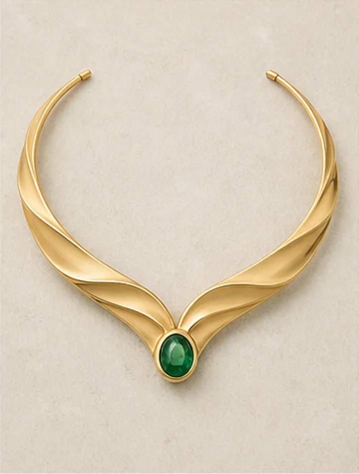 Sculptural gold collar necklace with a central emerald